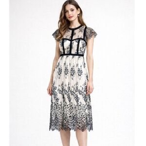 Parker Lace Midi Dress Black Ivory Romantic Coquette Garden Party XS/S